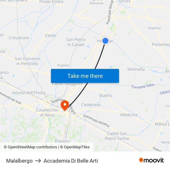 Malalbergo to Accademia Di Belle Arti map