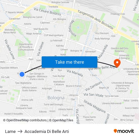Lame to Accademia Di Belle Arti map