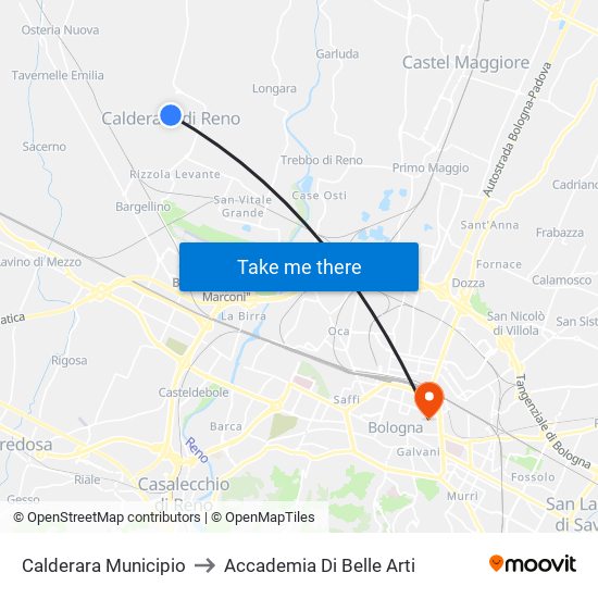 Calderara Municipio to Accademia Di Belle Arti map