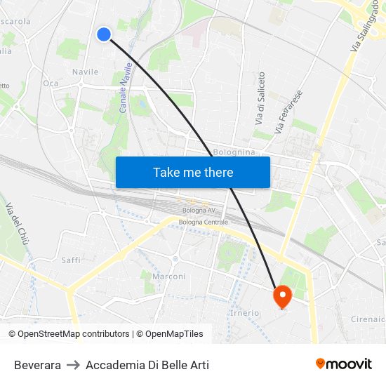 Beverara to Accademia Di Belle Arti map
