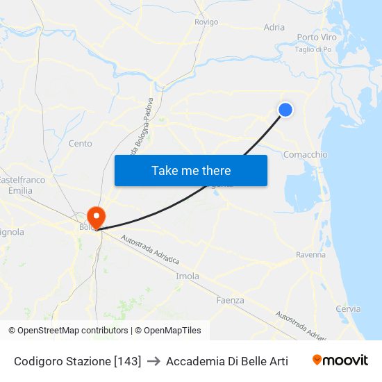 Codigoro Stazione [143] to Accademia Di Belle Arti map