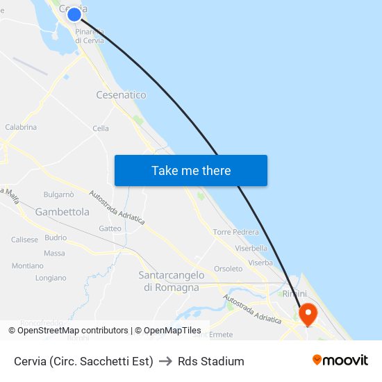 Cervia (Circ. Sacchetti Est) to Rds Stadium map