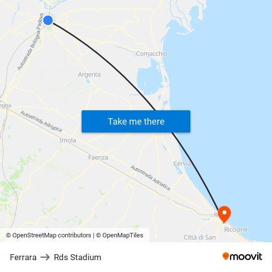 Ferrara to Rds Stadium map