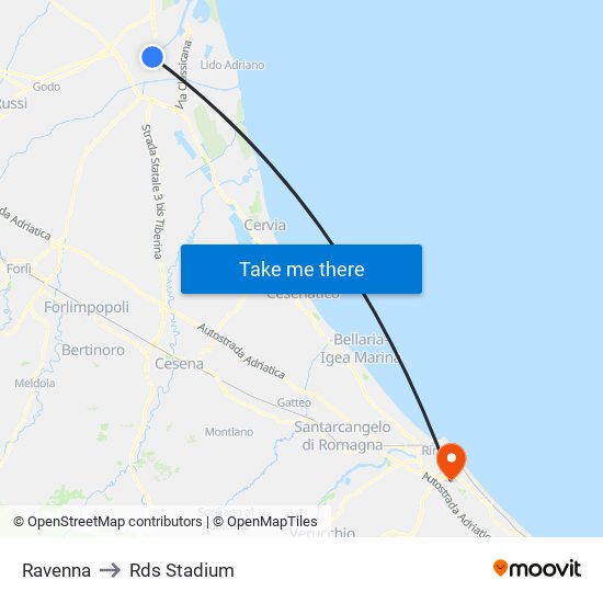 Ravenna to Rds Stadium map