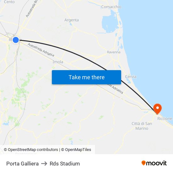 Porta Galliera to Rds Stadium map