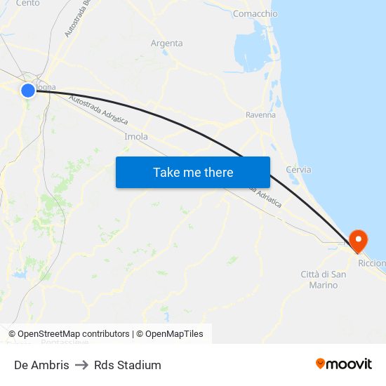 De Ambris to Rds Stadium map