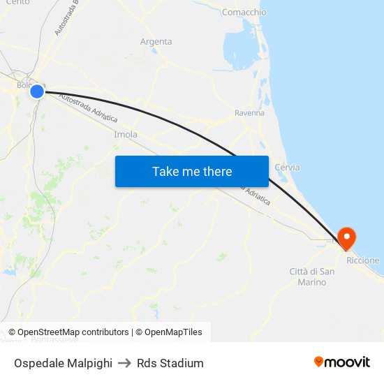 Ospedale Malpighi to Rds Stadium map