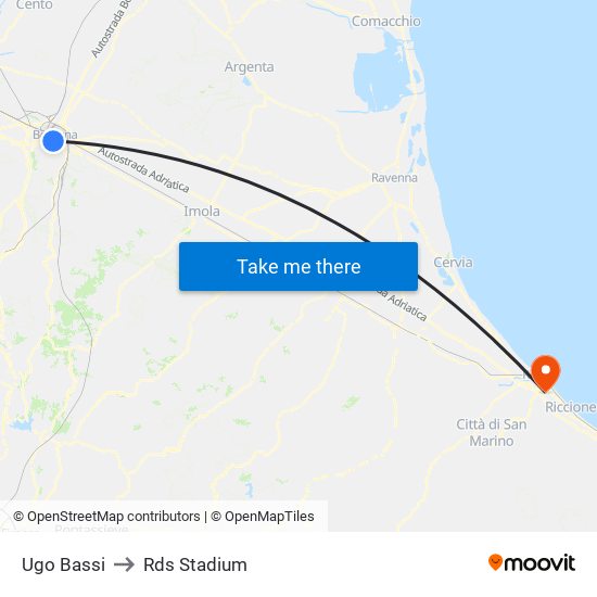 Ugo Bassi to Rds Stadium map