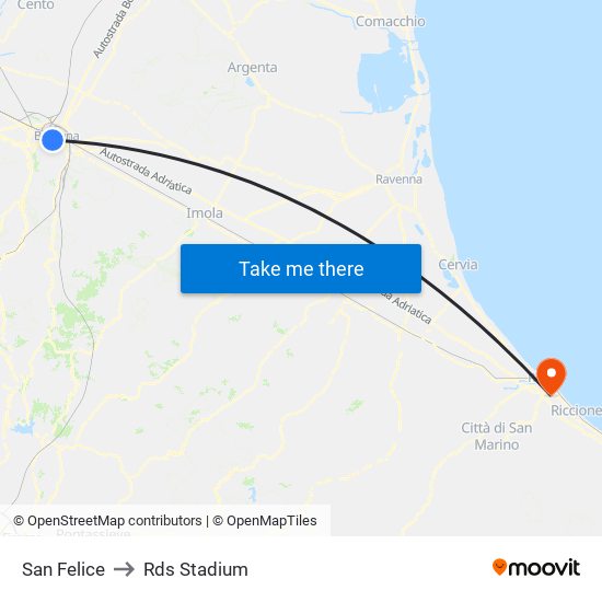 San Felice to Rds Stadium map