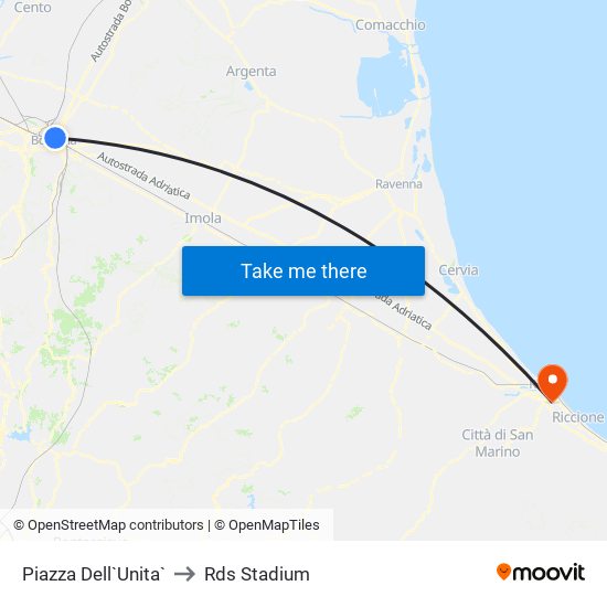 Piazza Dell`Unita` to Rds Stadium map