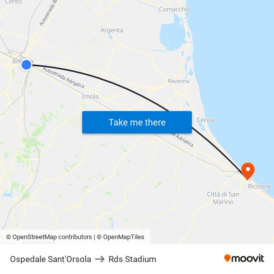 Ospedale Sant'Orsola to Rds Stadium map