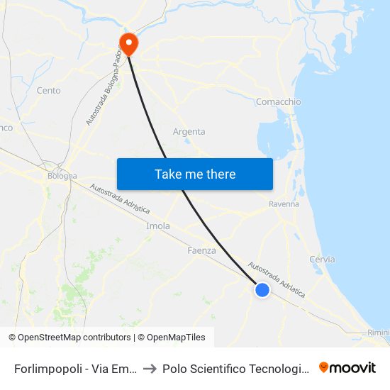 Forlimpopoli - Via Emilia Fronte Distributore to Polo Scientifico Tecnologico Dell'Università Di Ferrara map