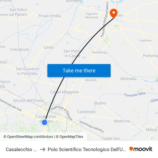 Casalecchio Ceretolo to Polo Scientifico Tecnologico Dell'Università Di Ferrara map