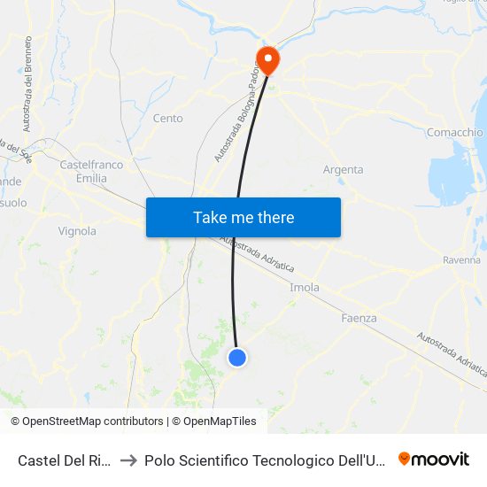 Castel Del Rio Rocca to Polo Scientifico Tecnologico Dell'Università Di Ferrara map