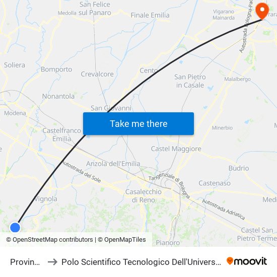 Provincia 1 to Polo Scientifico Tecnologico Dell'Università Di Ferrara map