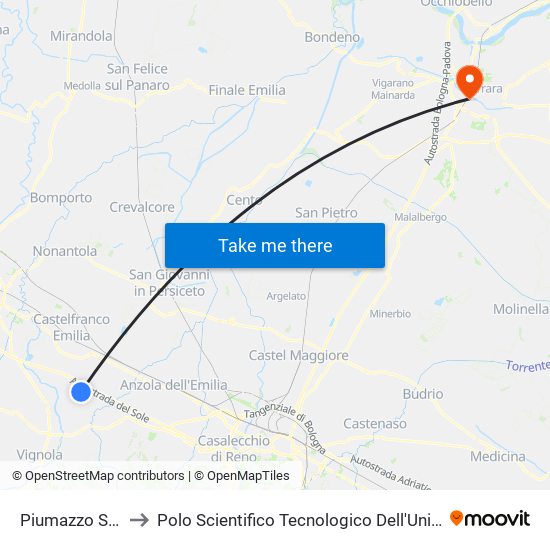 Piumazzo Stazione to Polo Scientifico Tecnologico Dell'Università Di Ferrara map