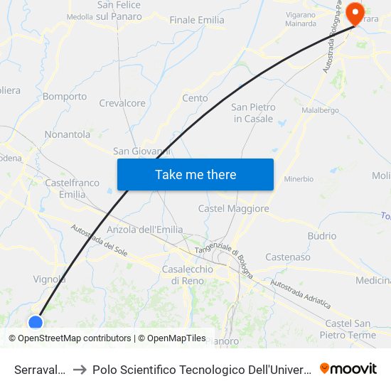 Serravalle Bv to Polo Scientifico Tecnologico Dell'Università Di Ferrara map