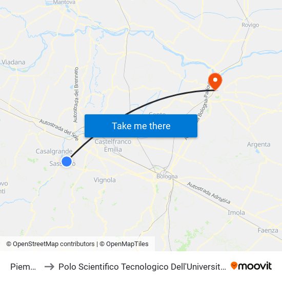 Piemonte to Polo Scientifico Tecnologico Dell'Università Di Ferrara map