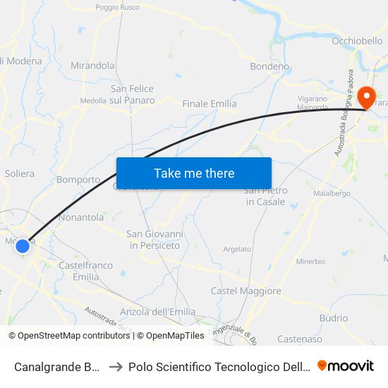 Canalgrande Bv Emilia Est to Polo Scientifico Tecnologico Dell'Università Di Ferrara map