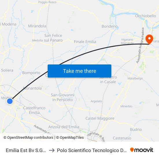 Emilia Est Bv S.Giovanni Bosco to Polo Scientifico Tecnologico Dell'Università Di Ferrara map