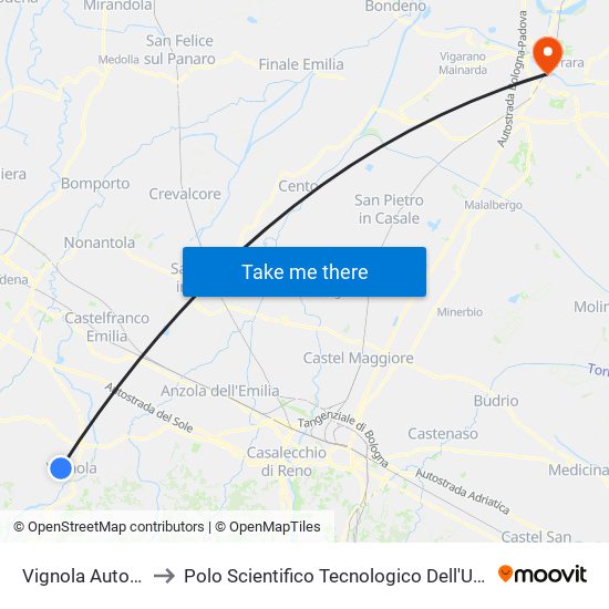 Vignola Autostazione to Polo Scientifico Tecnologico Dell'Università Di Ferrara map