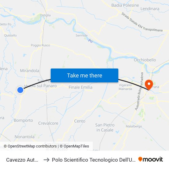 Cavezzo Autostazione to Polo Scientifico Tecnologico Dell'Università Di Ferrara map