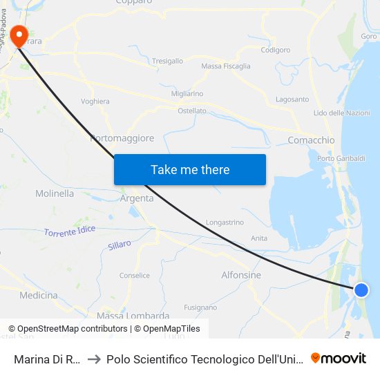 Marina Di Ravenna to Polo Scientifico Tecnologico Dell'Università Di Ferrara map