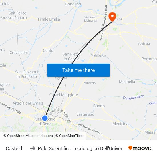 Casteldebole to Polo Scientifico Tecnologico Dell'Università Di Ferrara map