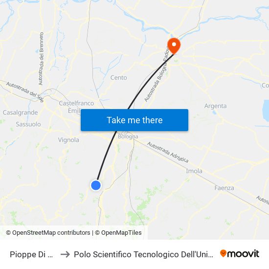 Pioppe Di Salvaro to Polo Scientifico Tecnologico Dell'Università Di Ferrara map