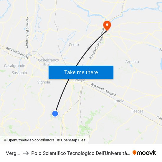 Vergato to Polo Scientifico Tecnologico Dell'Università Di Ferrara map