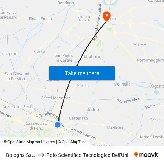 Bologna San Vitale to Polo Scientifico Tecnologico Dell'Università Di Ferrara map