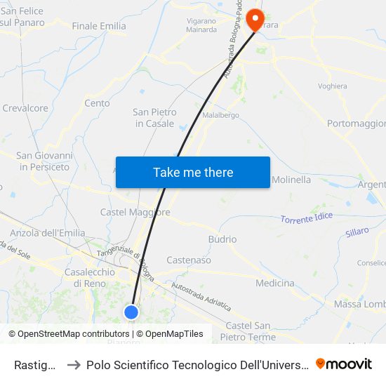 Rastignano to Polo Scientifico Tecnologico Dell'Università Di Ferrara map