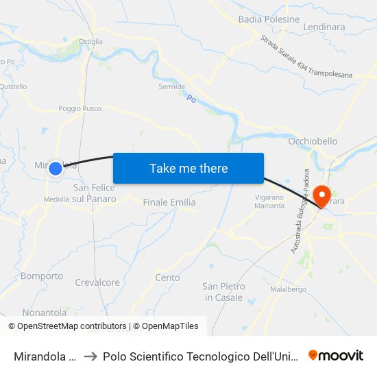 Mirandola Centro to Polo Scientifico Tecnologico Dell'Università Di Ferrara map