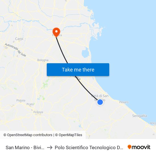 San Marino - Bivio S. Giovanni to Polo Scientifico Tecnologico Dell'Università Di Ferrara map