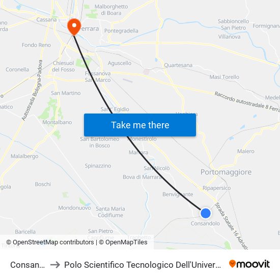 Consandolo to Polo Scientifico Tecnologico Dell'Università Di Ferrara map