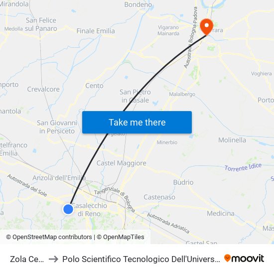 Zola Centro to Polo Scientifico Tecnologico Dell'Università Di Ferrara map