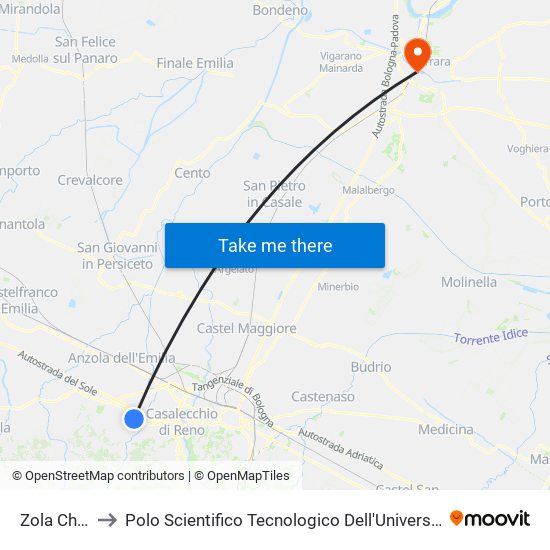 Zola Chiesa to Polo Scientifico Tecnologico Dell'Università Di Ferrara map