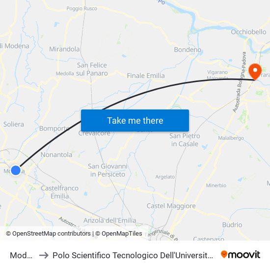 Modena to Polo Scientifico Tecnologico Dell'Università Di Ferrara map