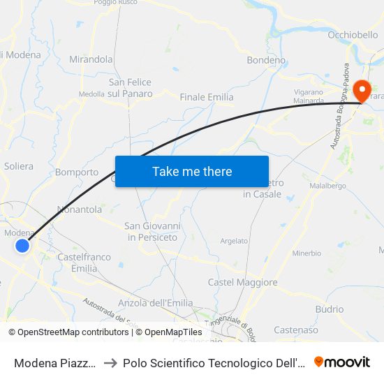 Modena Piazza Manzoni to Polo Scientifico Tecnologico Dell'Università Di Ferrara map