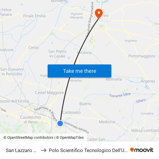 San Lazzaro Di Savena to Polo Scientifico Tecnologico Dell'Università Di Ferrara map