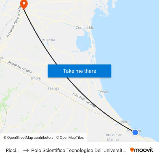 Riccione to Polo Scientifico Tecnologico Dell'Università Di Ferrara map