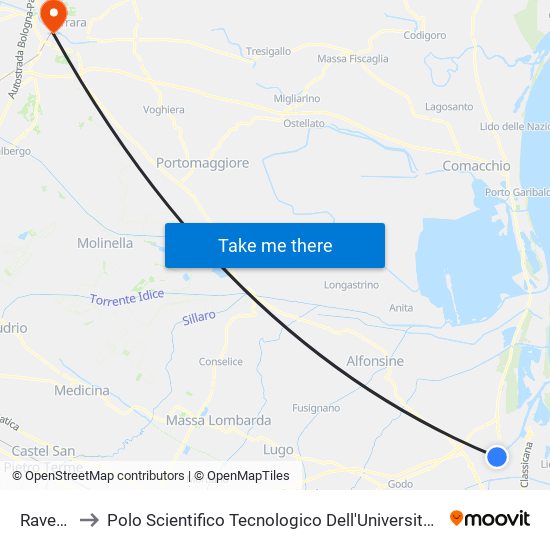 Ravenna to Polo Scientifico Tecnologico Dell'Università Di Ferrara map