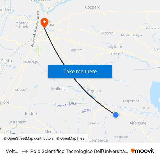 Voltana to Polo Scientifico Tecnologico Dell'Università Di Ferrara map