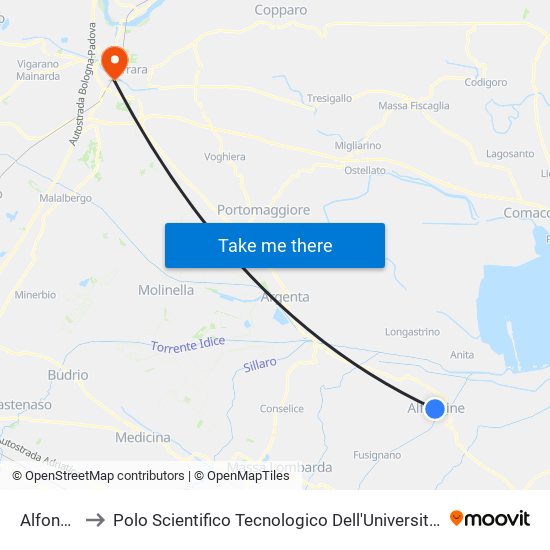 Alfonsine to Polo Scientifico Tecnologico Dell'Università Di Ferrara map