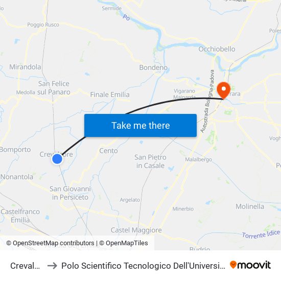 Crevalcore to Polo Scientifico Tecnologico Dell'Università Di Ferrara map