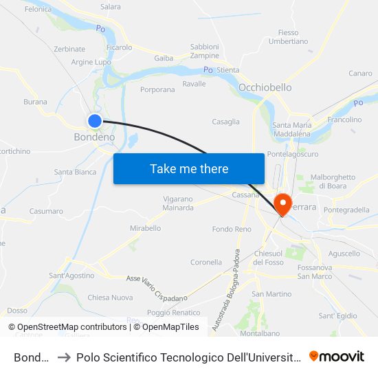 Bondeno to Polo Scientifico Tecnologico Dell'Università Di Ferrara map