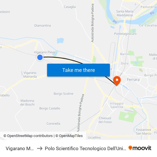 Vigarano Mainarda to Polo Scientifico Tecnologico Dell'Università Di Ferrara map
