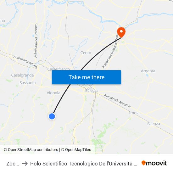 Zocca to Polo Scientifico Tecnologico Dell'Università Di Ferrara map