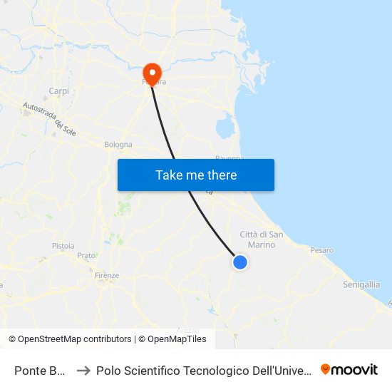 Ponte Baffoni to Polo Scientifico Tecnologico Dell'Università Di Ferrara map