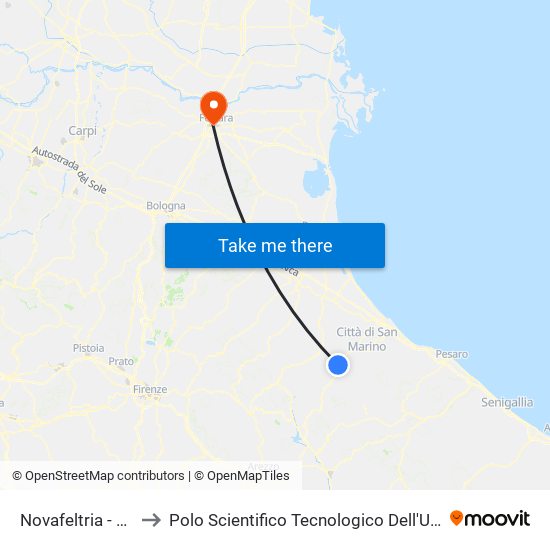 Novafeltria - Ospedale to Polo Scientifico Tecnologico Dell'Università Di Ferrara map